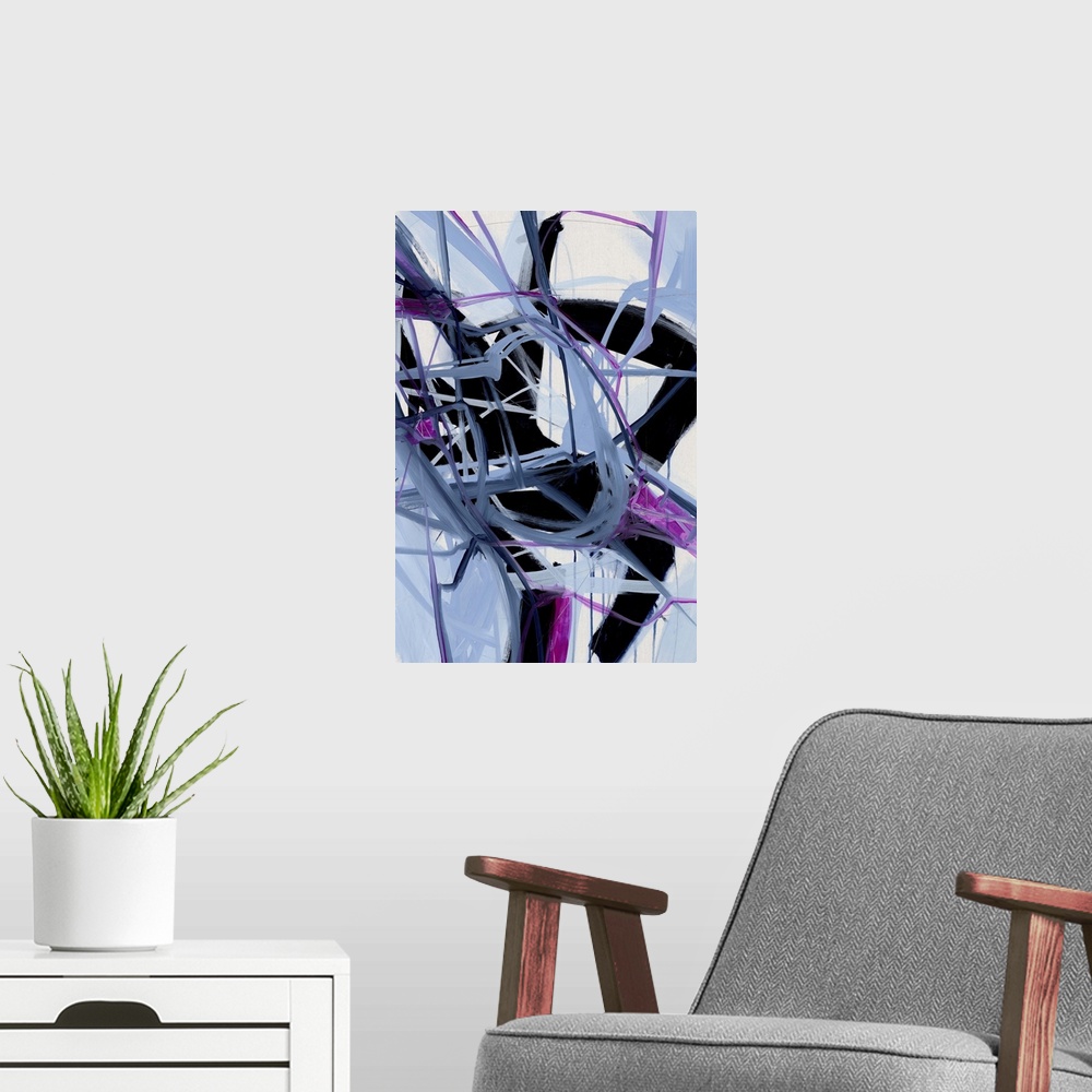 A modern room featuring A contemporary abstract painting of a web made up of blue tones.
