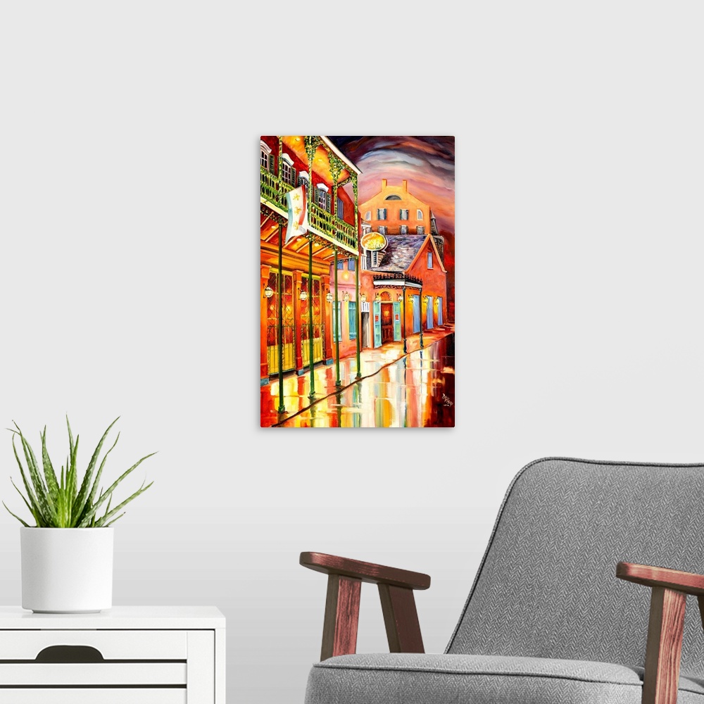 A modern room featuring Cityscape painting focusing on Arnaud's Jazz Bistro in New Orleans, La.