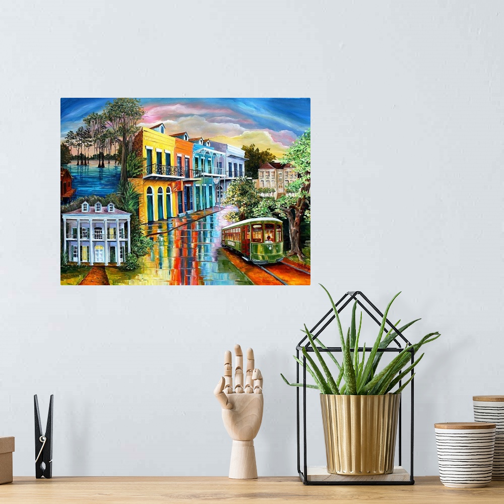 A bohemian room featuring Contemporary painting of New Orleans at night illuminated in vibrant colors.