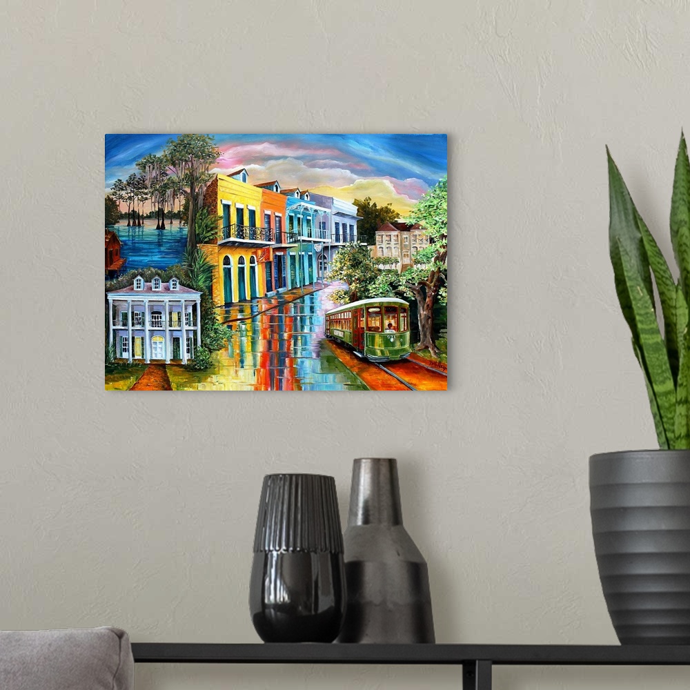 A modern room featuring Contemporary painting of New Orleans at night illuminated in vibrant colors.