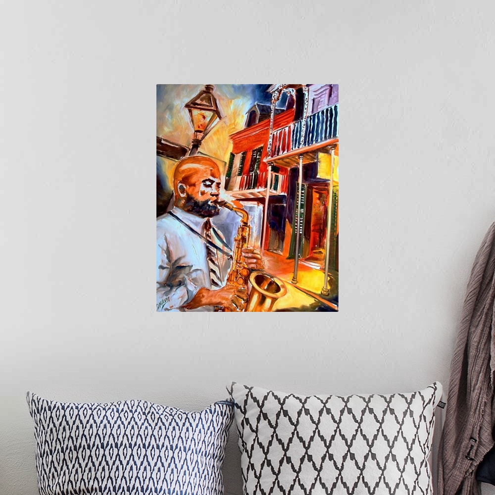 A bohemian room featuring Big painting on canvas of a man playing a saxophone with colorful buildings behind him.