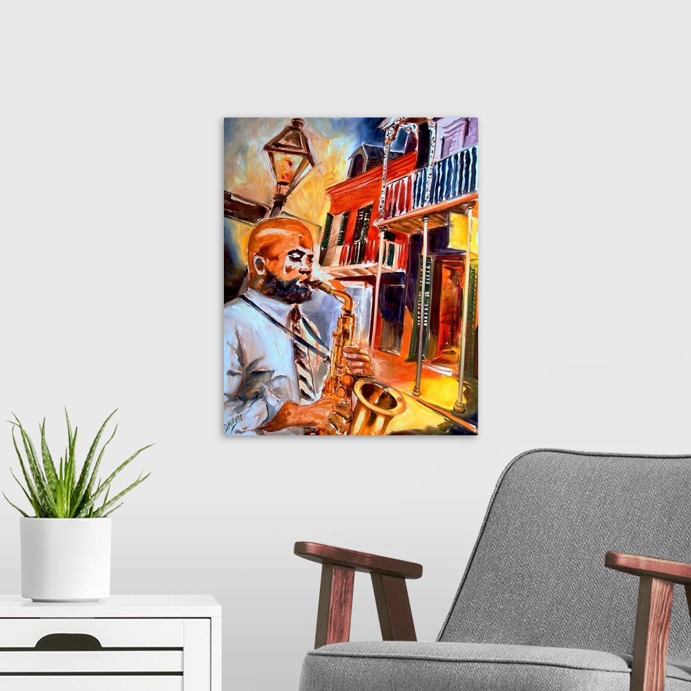 A modern room featuring Big painting on canvas of a man playing a saxophone with colorful buildings behind him.