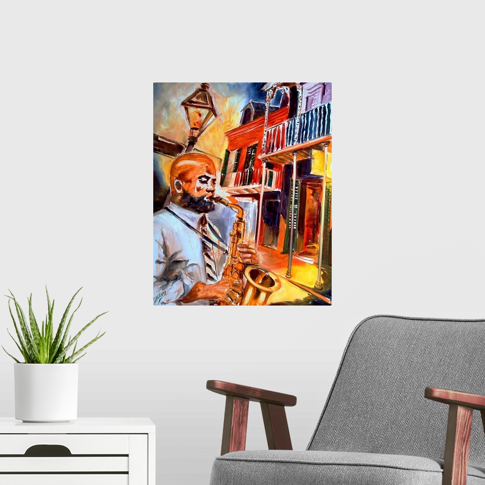 A modern room featuring Big painting on canvas of a man playing a saxophone with colorful buildings behind him.
