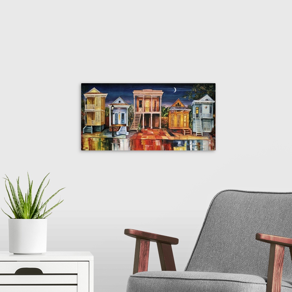 A modern room featuring Contemporary painting of Bourbon street in New Orleans at night illuminated in vibrant colors.
