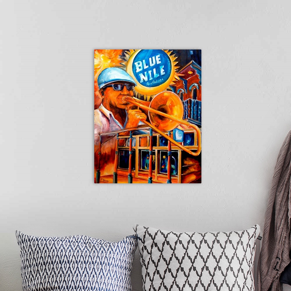 A bohemian room featuring This is a contemporary painting advertising a music venue in New Orleans while a jazz musician at...
