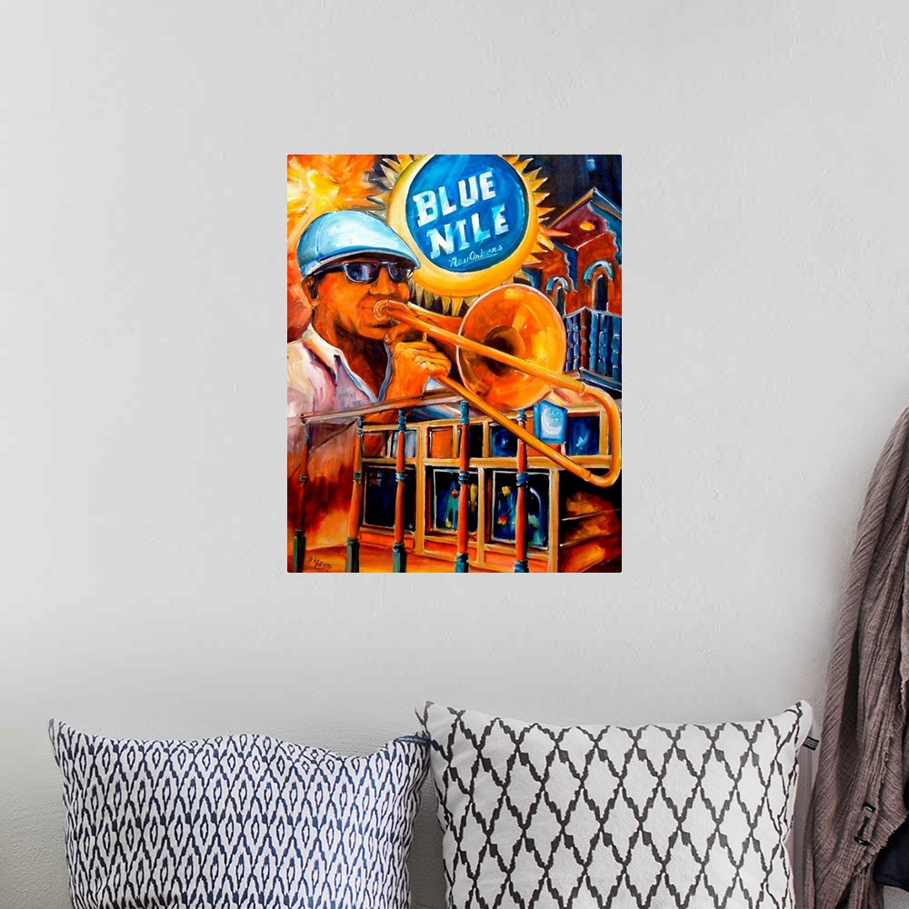 A bohemian room featuring This is a contemporary painting advertising a music venue in New Orleans while a jazz musician at...