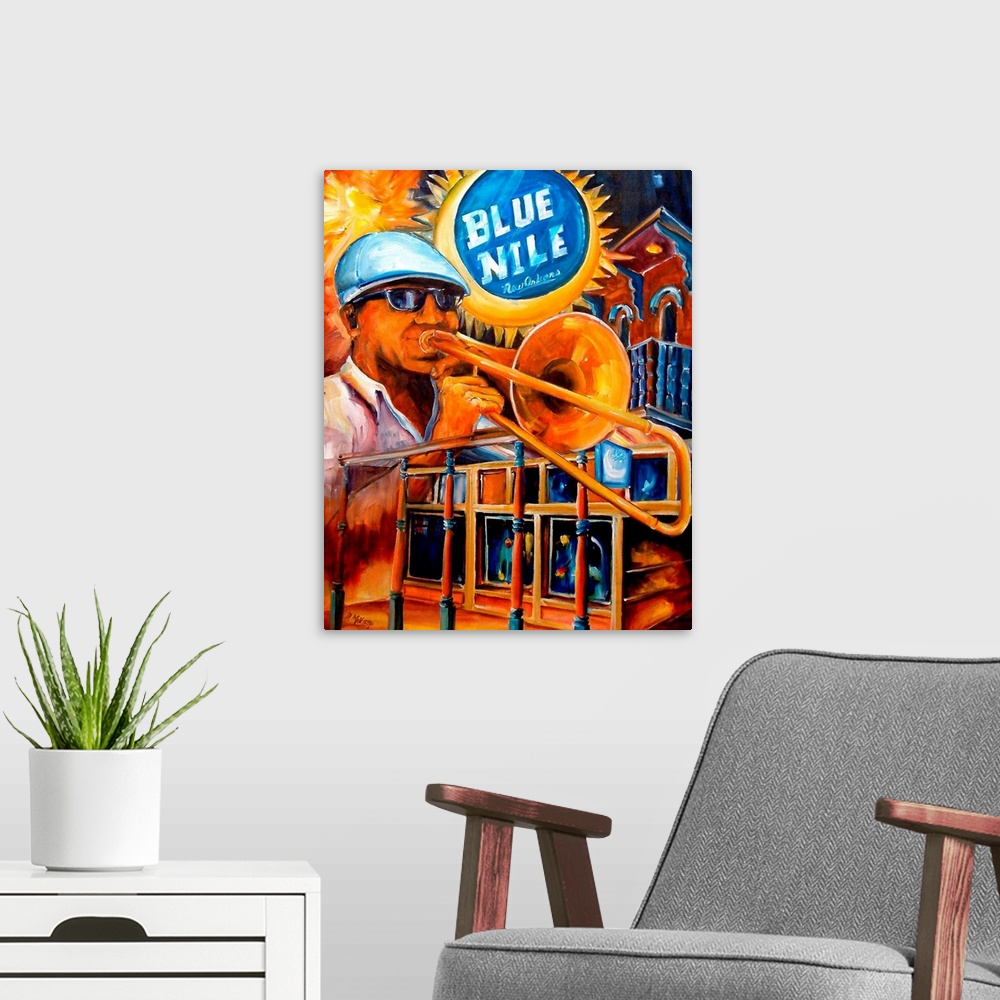 A modern room featuring This is a contemporary painting advertising a music venue in New Orleans while a jazz musician at...