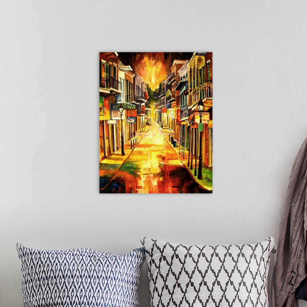 A bohemian room featuring Bright contemporary painting of a lit up road in New Orleans, Louisiana, showcasing popular resta...