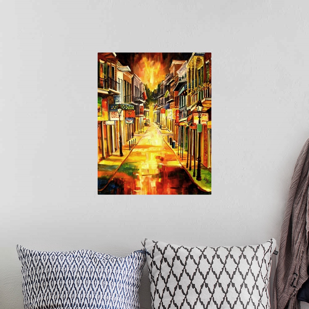 A bohemian room featuring Bright contemporary painting of a lit up road in New Orleans, Louisiana, showcasing popular resta...