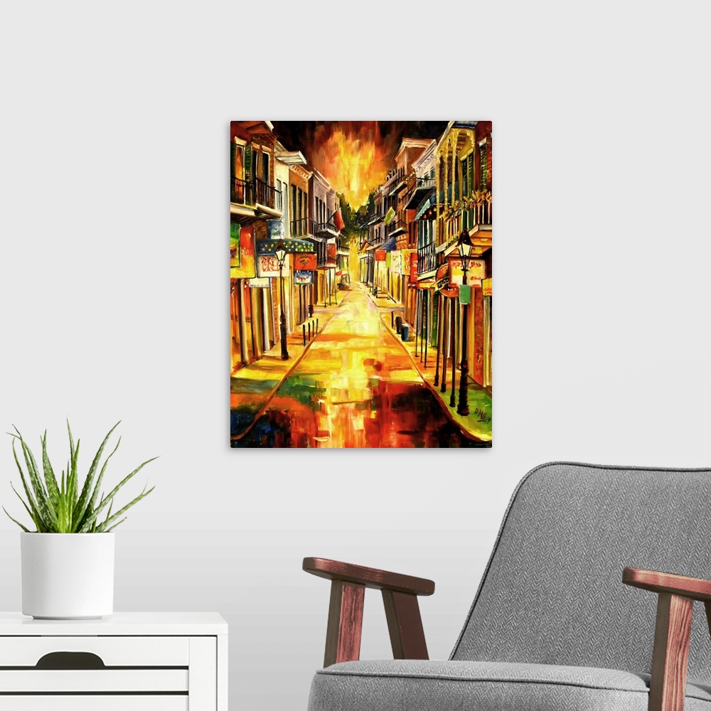 A modern room featuring Bright contemporary painting of a lit up road in New Orleans, Louisiana, showcasing popular resta...