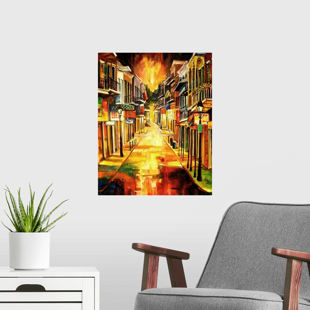 A modern room featuring Bright contemporary painting of a lit up road in New Orleans, Louisiana, showcasing popular resta...