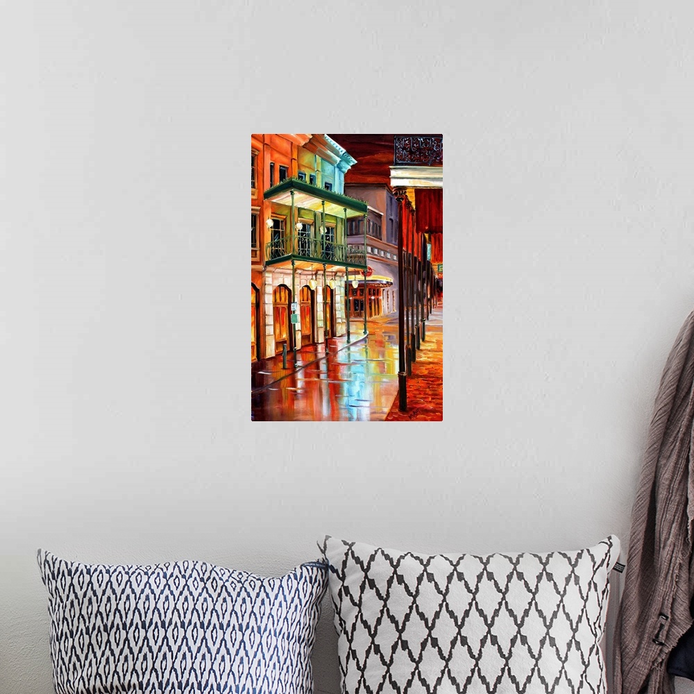 A bohemian room featuring Contemporary artwork of Bourbon Street in New Orleans in the evening with colorful buildings and ...