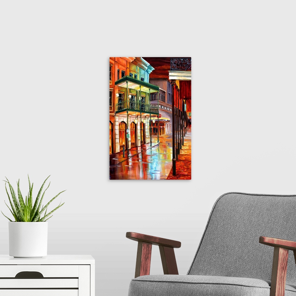 A modern room featuring Contemporary artwork of Bourbon Street in New Orleans in the evening with colorful buildings and ...