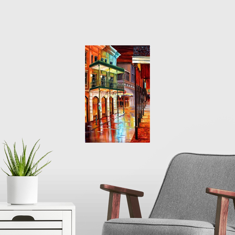 A modern room featuring Contemporary artwork of Bourbon Street in New Orleans in the evening with colorful buildings and ...