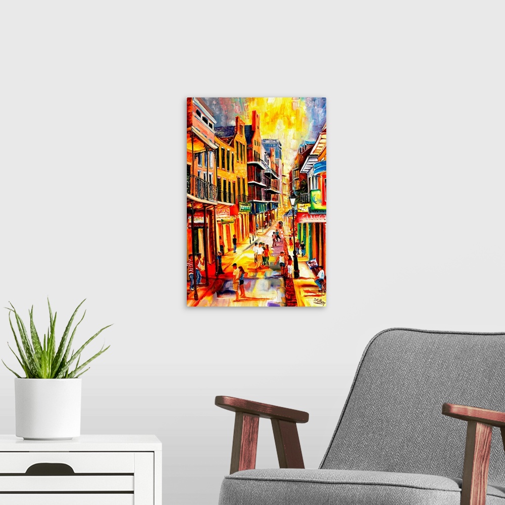 A modern room featuring Giant, vertical, contemporary painting looking down a row of buildings on either side of Bourbon ...