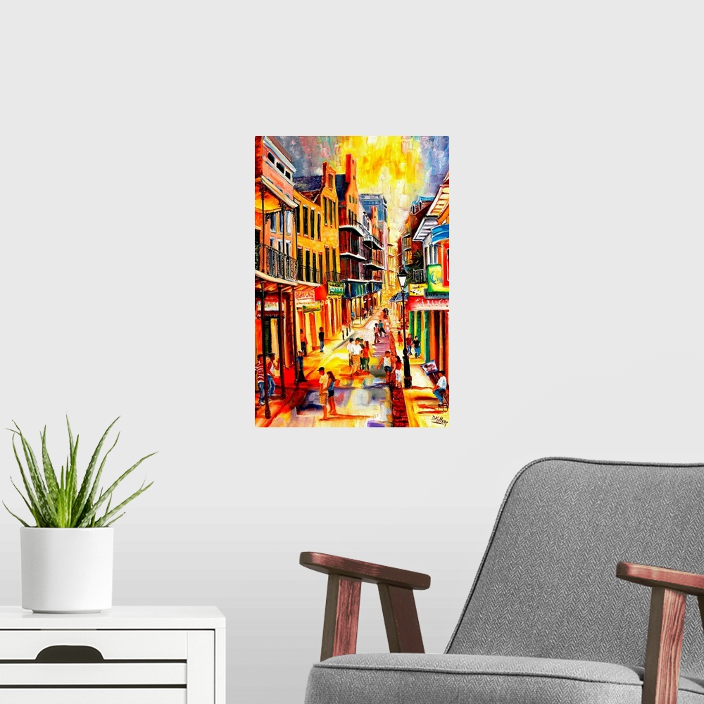 A modern room featuring Giant, vertical, contemporary painting looking down a row of buildings on either side of Bourbon ...