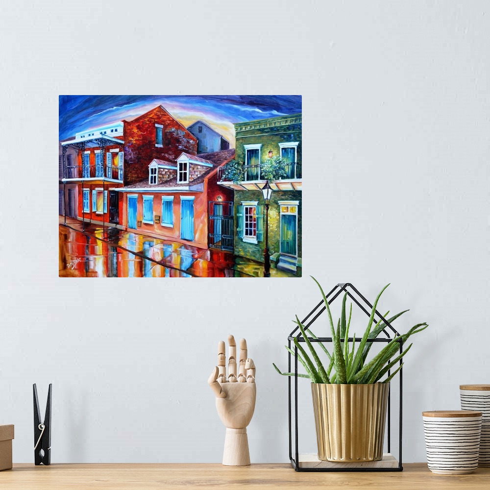 A bohemian room featuring Contemporary artwork of Burgundy Street in New Orleans with colorful buildings.