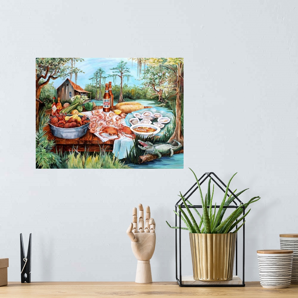 A bohemian room featuring A contemporary painting of a cajun meal of seafood and beer next to an alligator and house on a b...