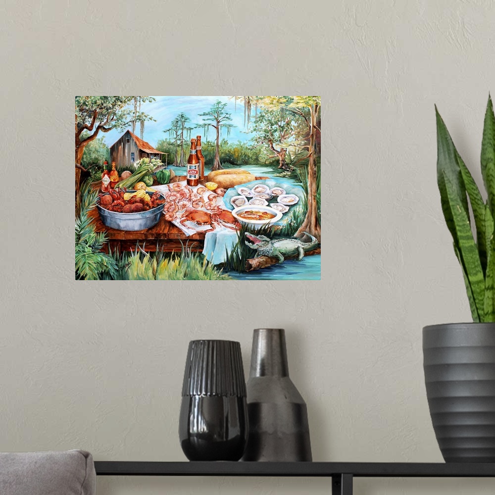 A modern room featuring A contemporary painting of a cajun meal of seafood and beer next to an alligator and house on a b...