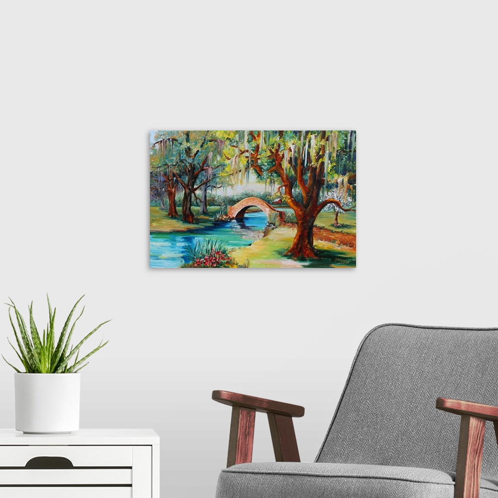 A modern room featuring A park with a small stone bridge over a stream and a live oak tree.