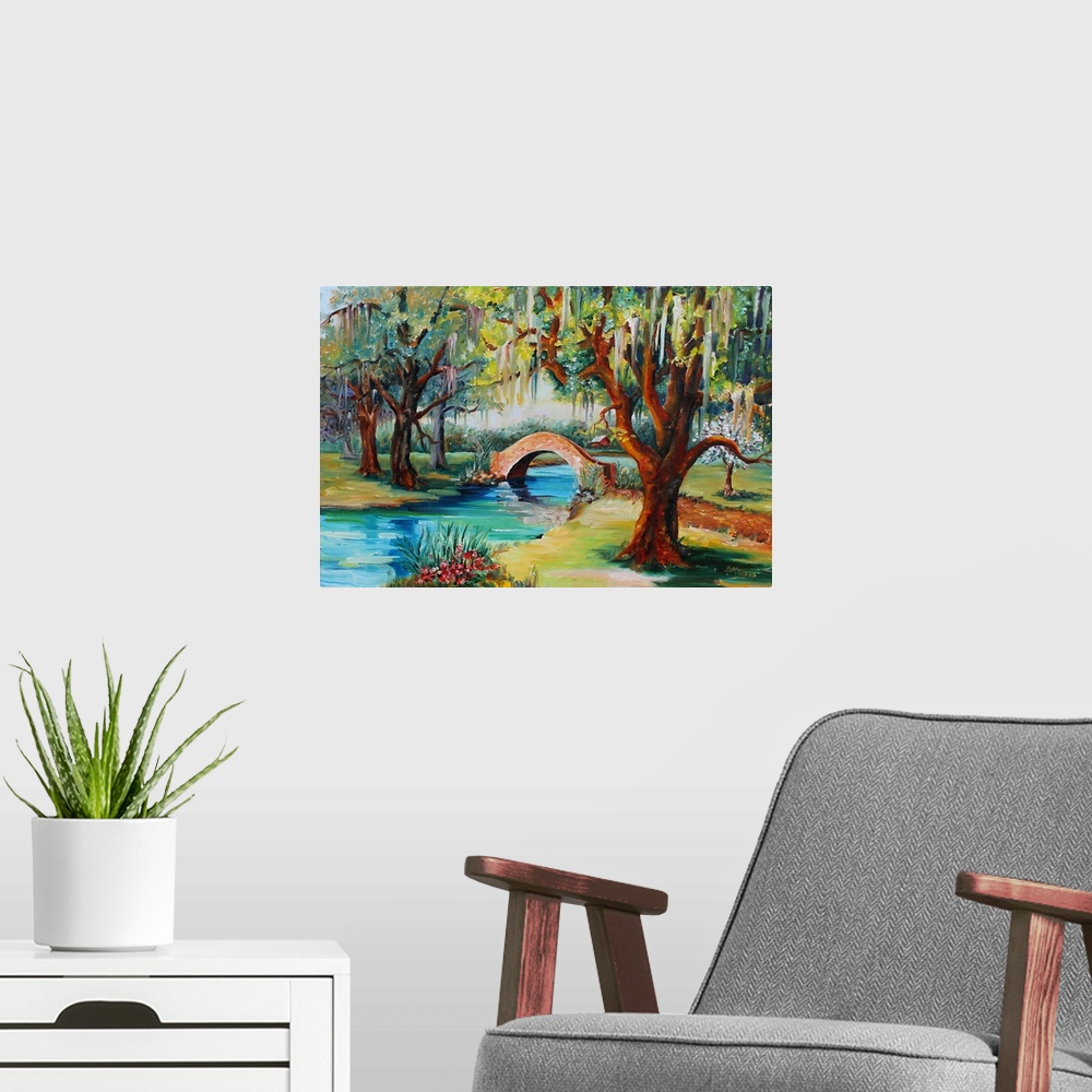 A modern room featuring A park with a small stone bridge over a stream and a live oak tree.