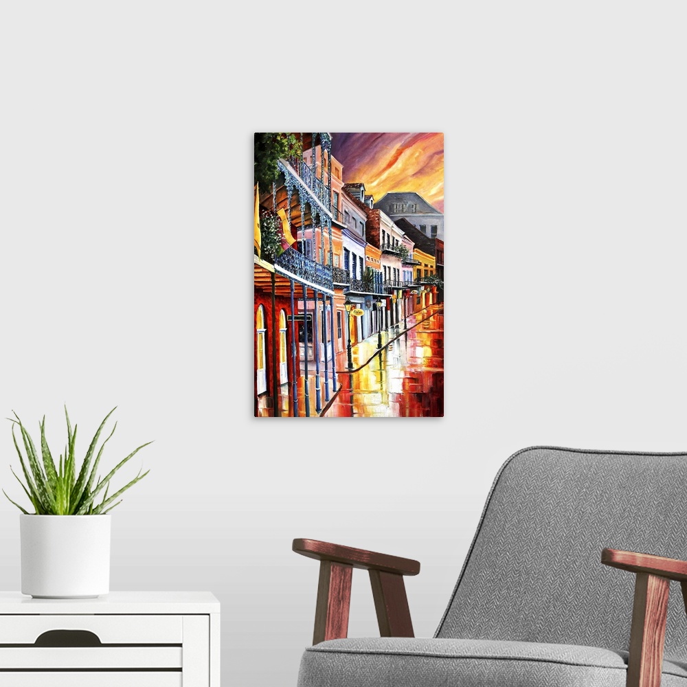 A modern room featuring Contemporary artwork of the French Quarter in New Orleans with colorful buildings and white balco...