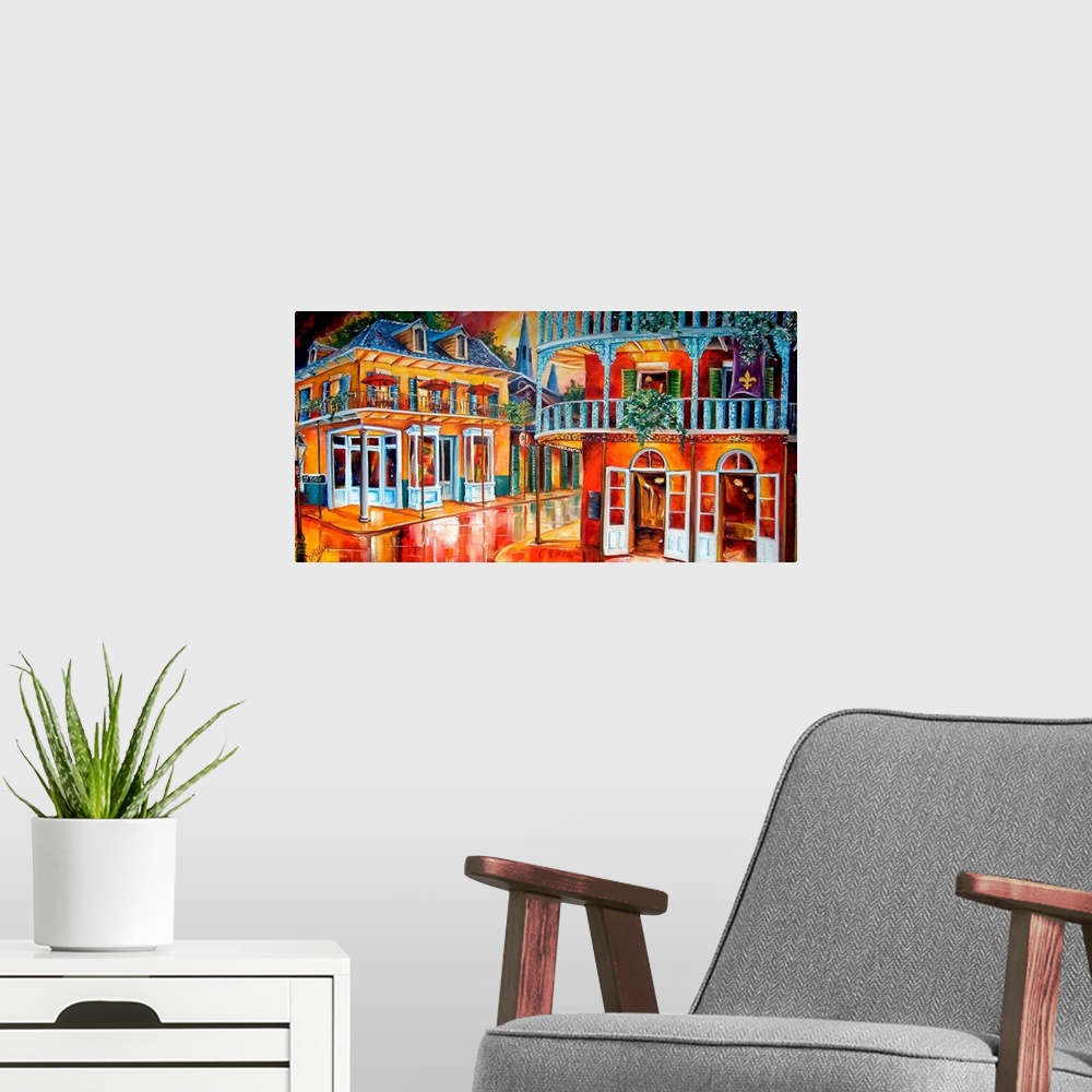 A modern room featuring Oversized landscape painting of a city street intersection in New Orleans.  Two large, historic b...