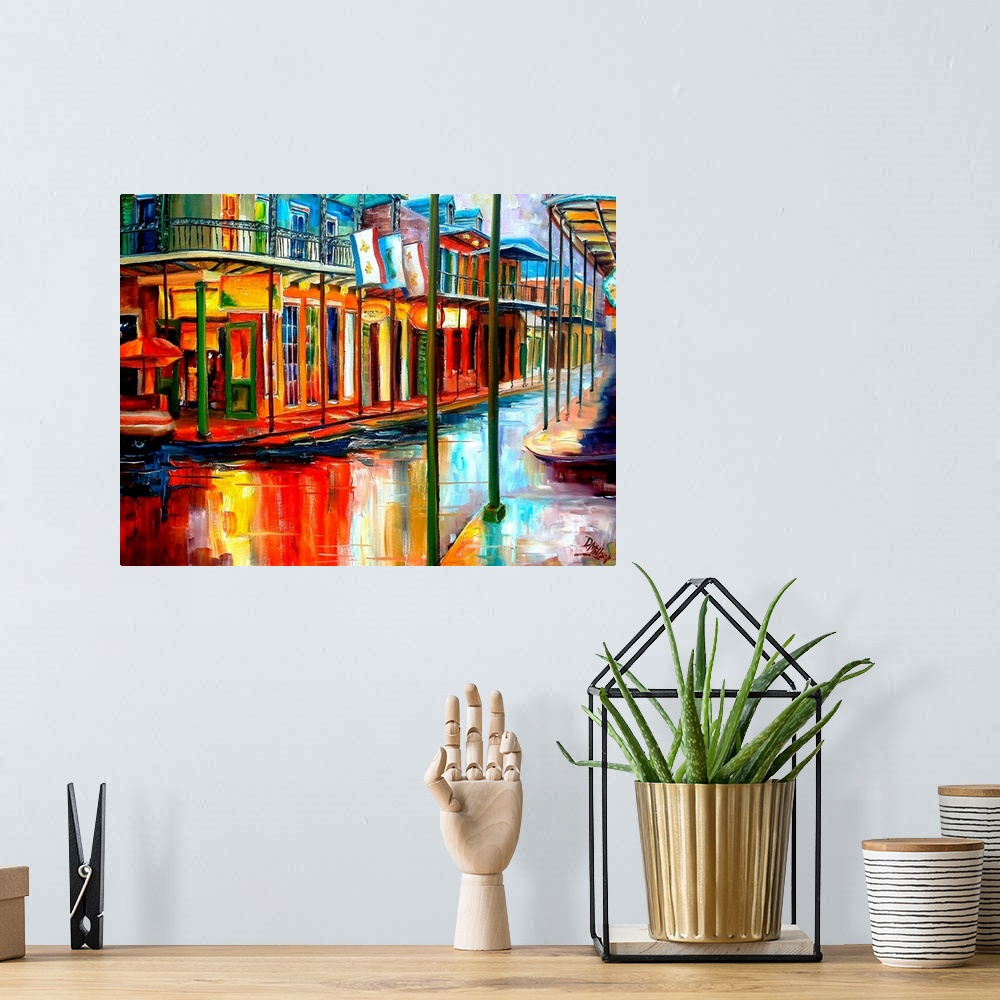 A bohemian room featuring Boldly colored contemporary painting of historic park in French Quarter of New Orleans.  Shops li...