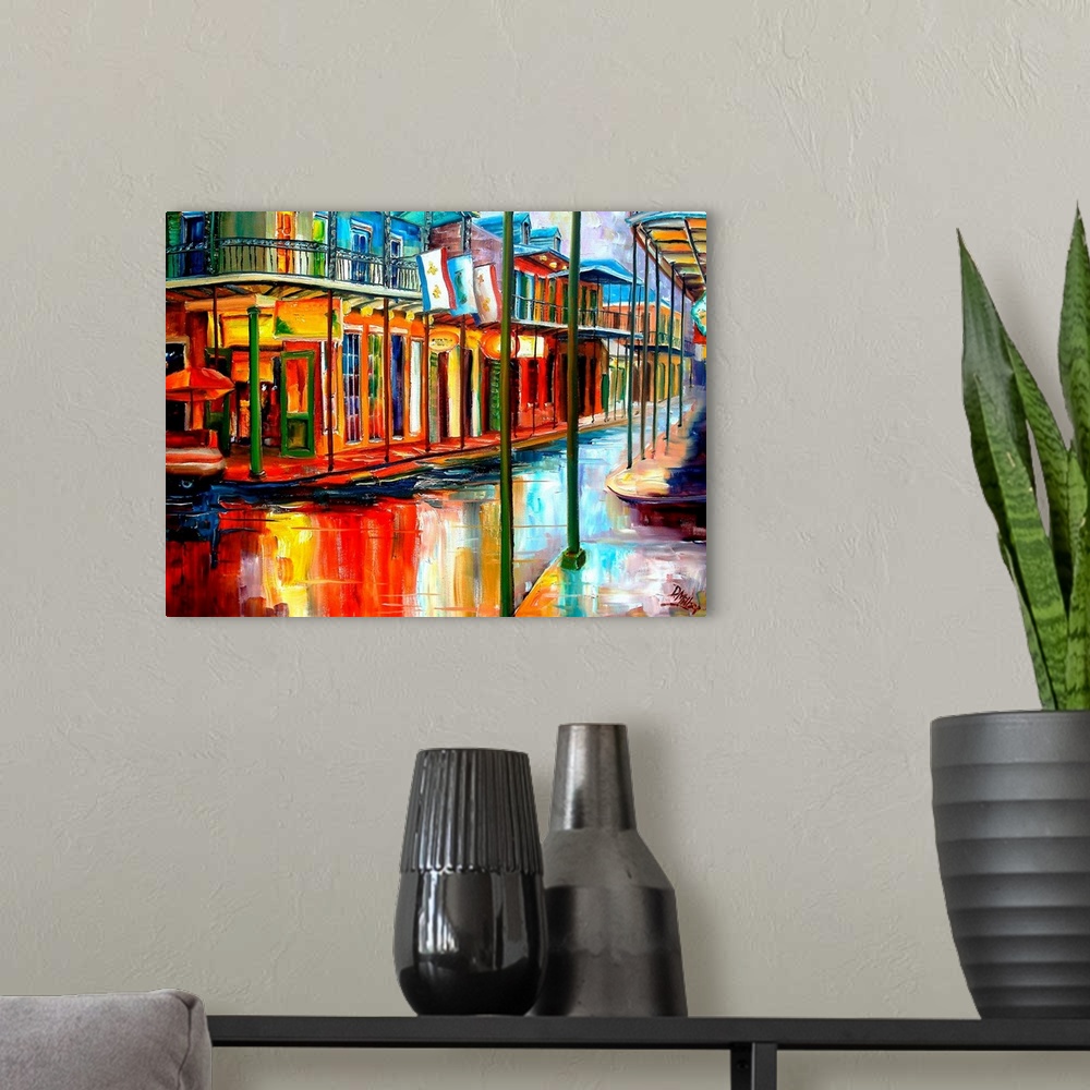 A modern room featuring Boldly colored contemporary painting of historic park in French Quarter of New Orleans.  Shops li...
