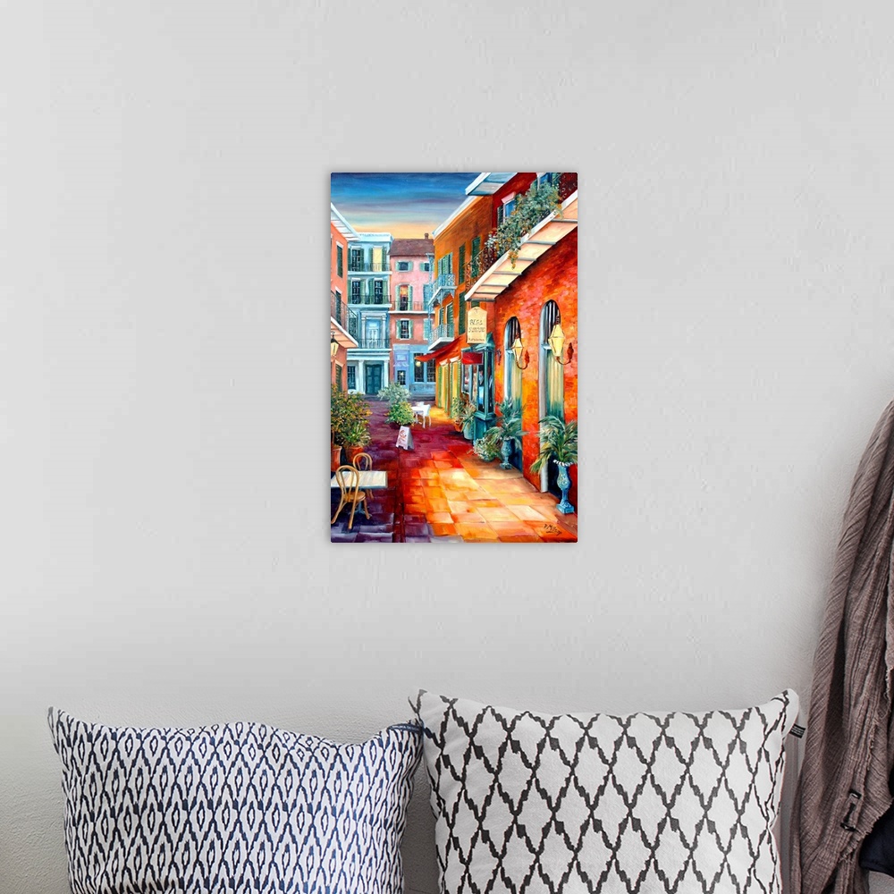 A bohemian room featuring Contemporary painting of an alleyway in the French Quarter of New Orleans, LA.