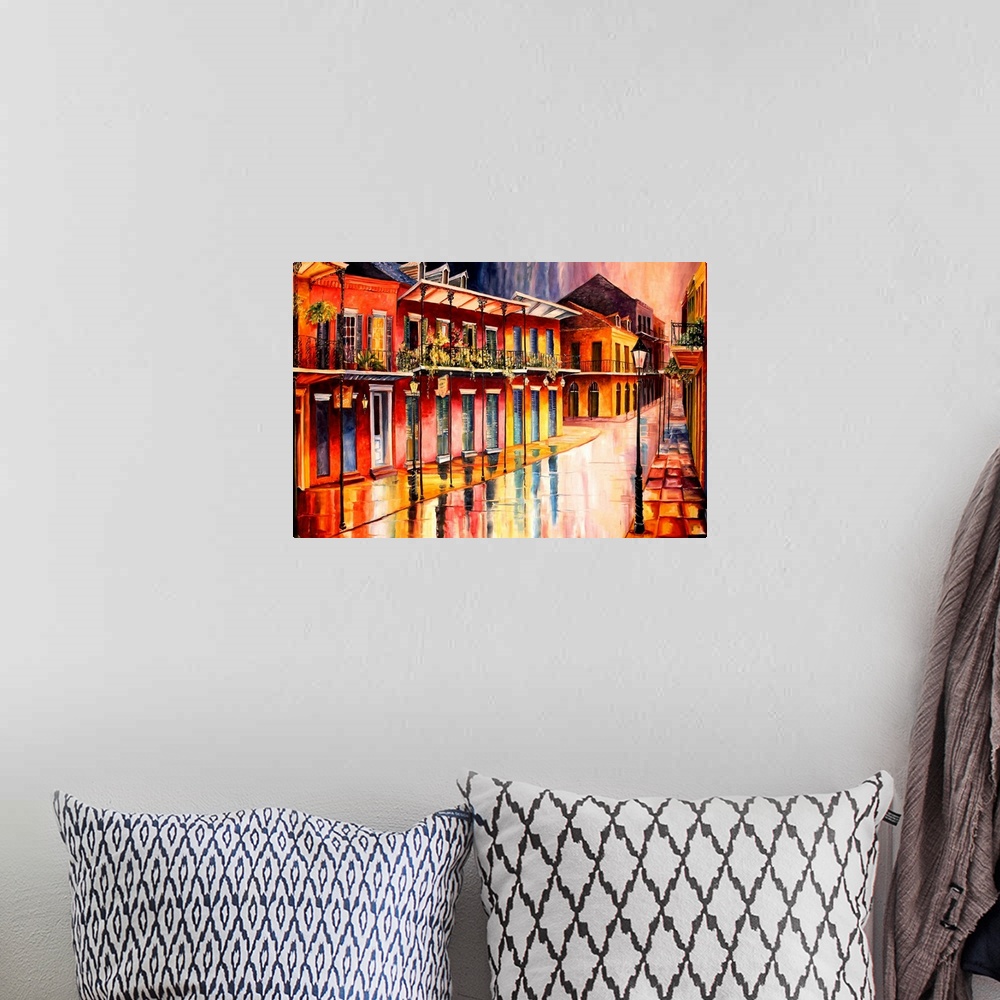 A bohemian room featuring Contemporary art painting of an empty street in the French Quarter, New Orleans with the building...