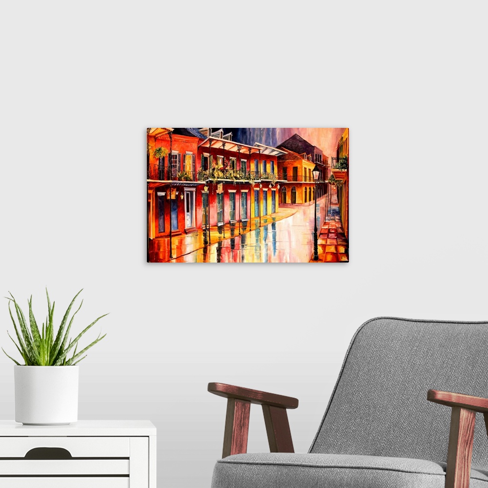 A modern room featuring Contemporary art painting of an empty street in the French Quarter, New Orleans with the building...