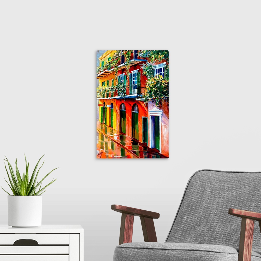 A modern room featuring Big contemporary art displays a row of colorful houses after a recent rain shower within a famous...