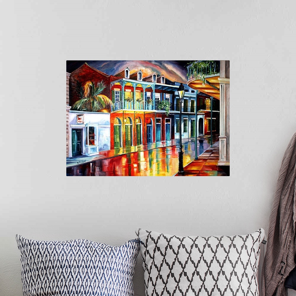 A bohemian room featuring Brilliantly colored historic buildings with balconies in New Orleans, Louisiana, reflected in the...