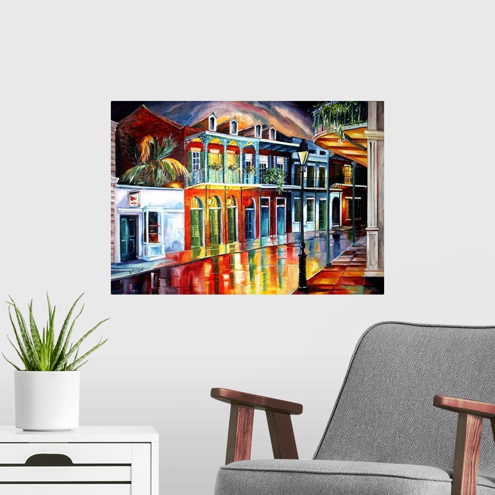 A modern room featuring Brilliantly colored historic buildings with balconies in New Orleans, Louisiana, reflected in the...