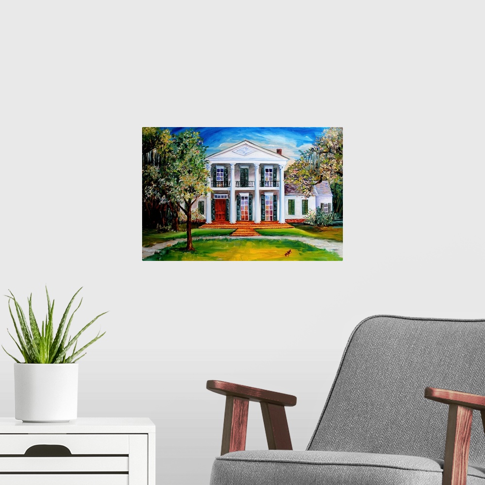 A modern room featuring Contemporary painting of a large estate home with columns and classic architecture in New Orleans...