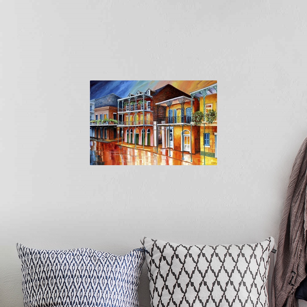 A bohemian room featuring Contemporary artwork of the French Quarter in New Orleans with colorful buildings and white balco...