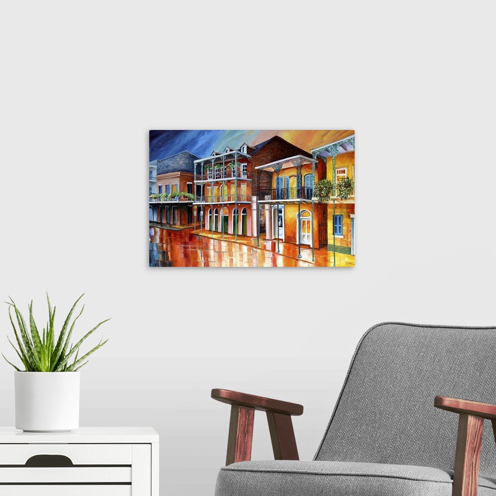 A modern room featuring Contemporary artwork of the French Quarter in New Orleans with colorful buildings and white balco...