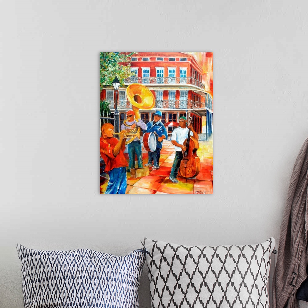 A bohemian room featuring Colorful contemporary painting of New Orleans' street musicians performing in Jackson Square.