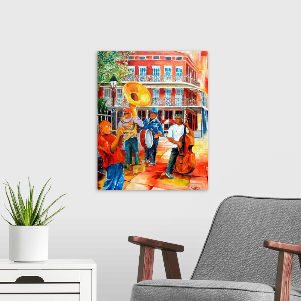 A modern room featuring Colorful contemporary painting of New Orleans' street musicians performing in Jackson Square.