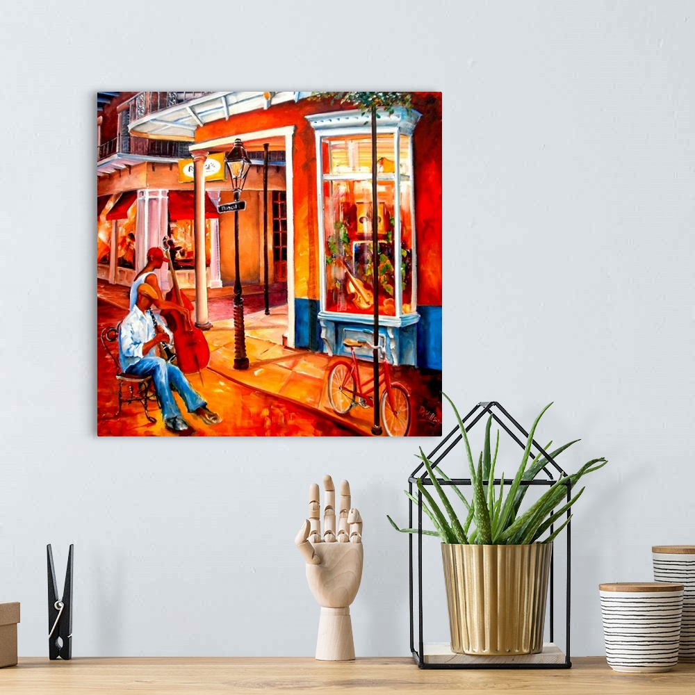 A bohemian room featuring Contemporary painting of man playing clarinet and man playing bass outside a street cafo at night...