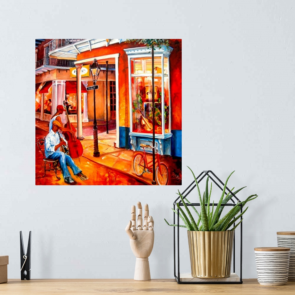 A bohemian room featuring Contemporary painting of man playing clarinet and man playing bass outside a street cafo at night...