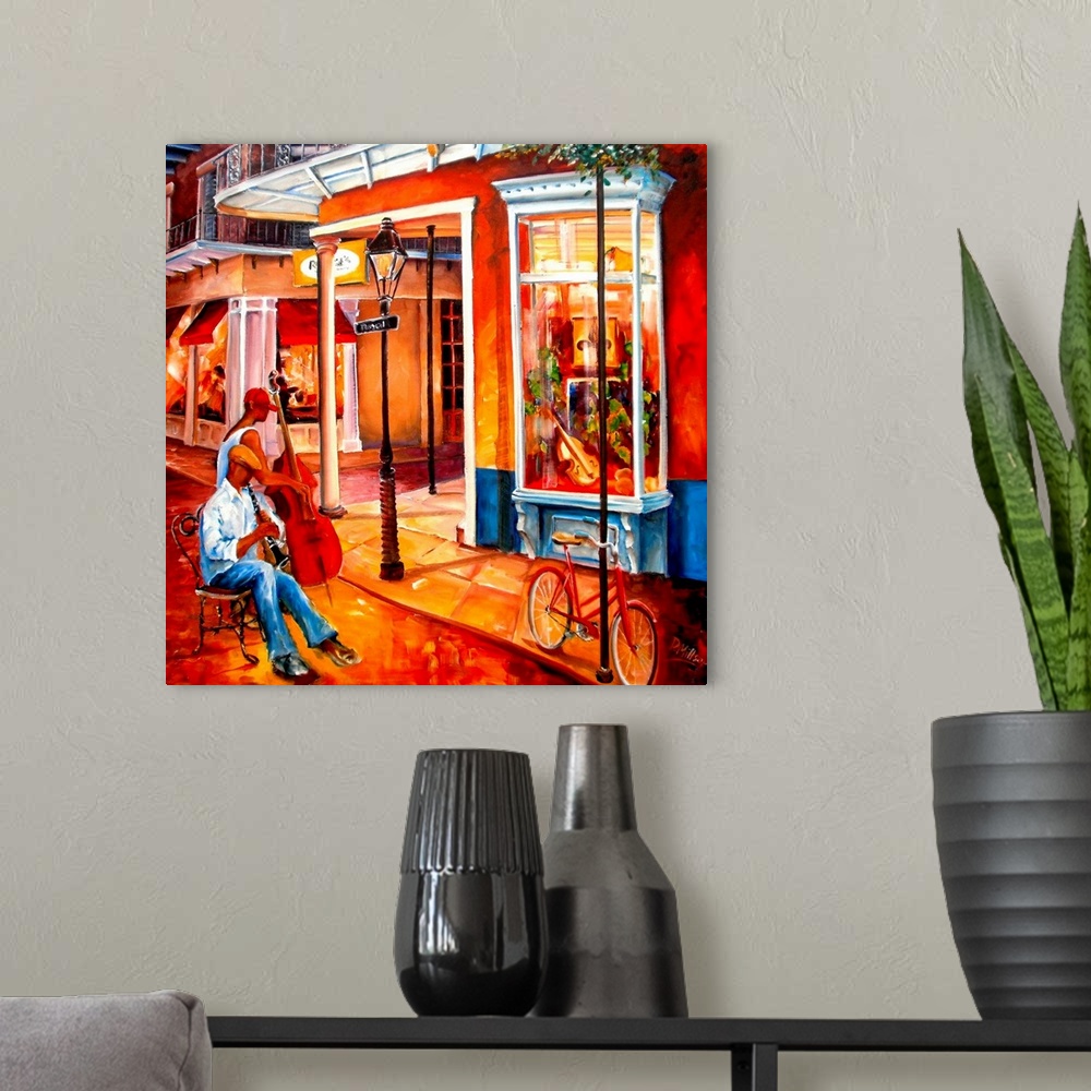 A modern room featuring Contemporary painting of man playing clarinet and man playing bass outside a street cafo at night...