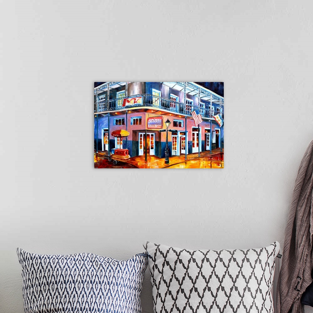 A bohemian room featuring Contemporary painting of a corner on Bourbon Street in New Orleans, LA.