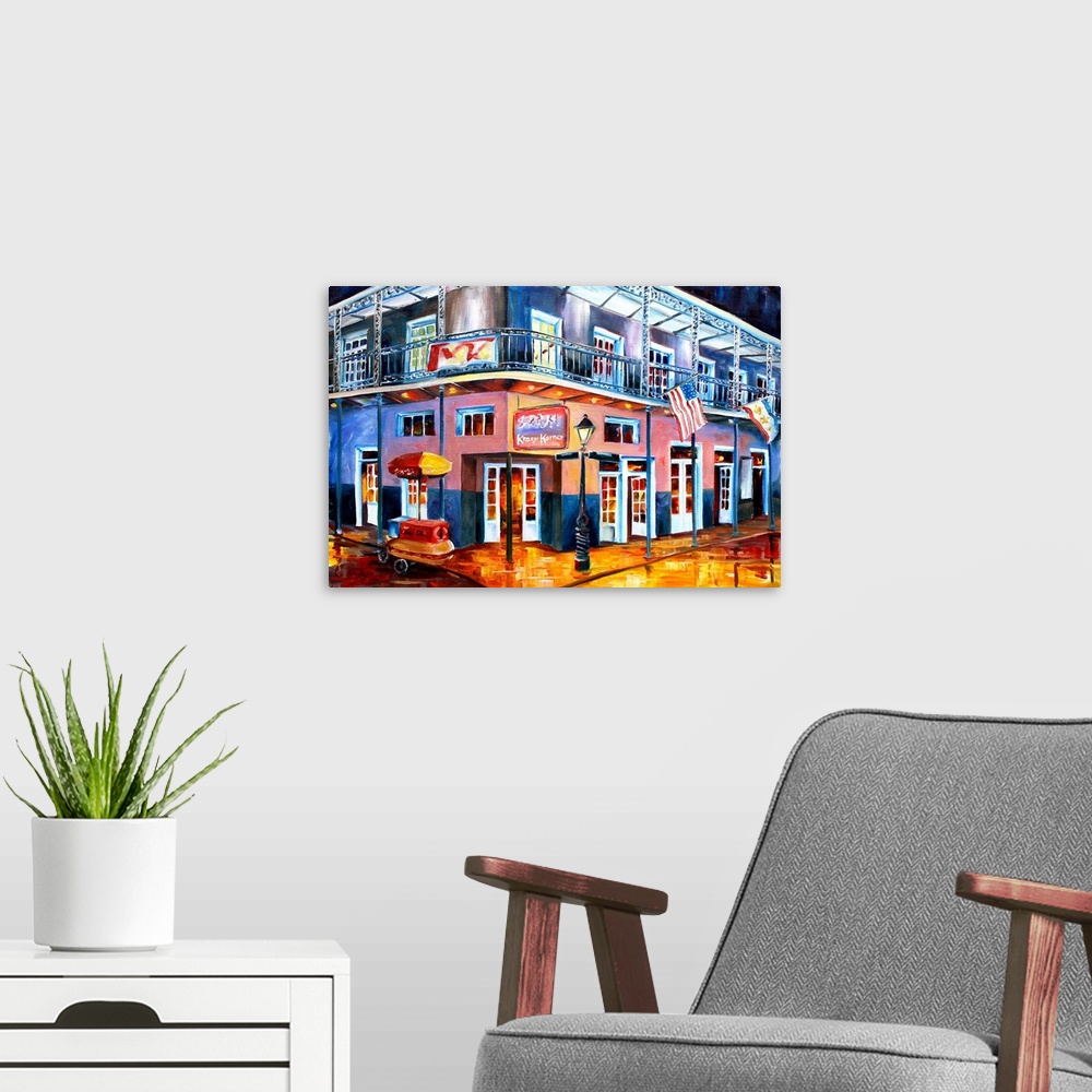 A modern room featuring Contemporary painting of a corner on Bourbon Street in New Orleans, LA.
