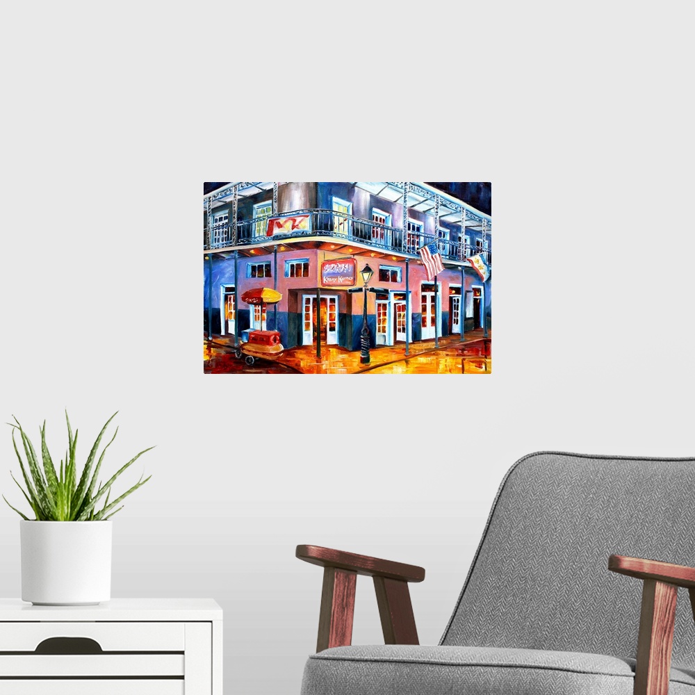 A modern room featuring Contemporary painting of a corner on Bourbon Street in New Orleans, LA.