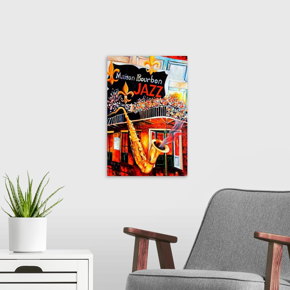 A modern room featuring Vertical panoramic photograph of street cafo with balcony full of colorful flowers with a sign wi...