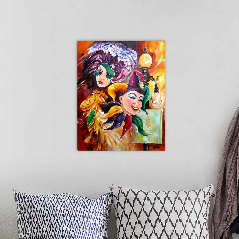 A bohemian room featuring Large painting on canvas of a jester with a mask and big lamp post behind him.