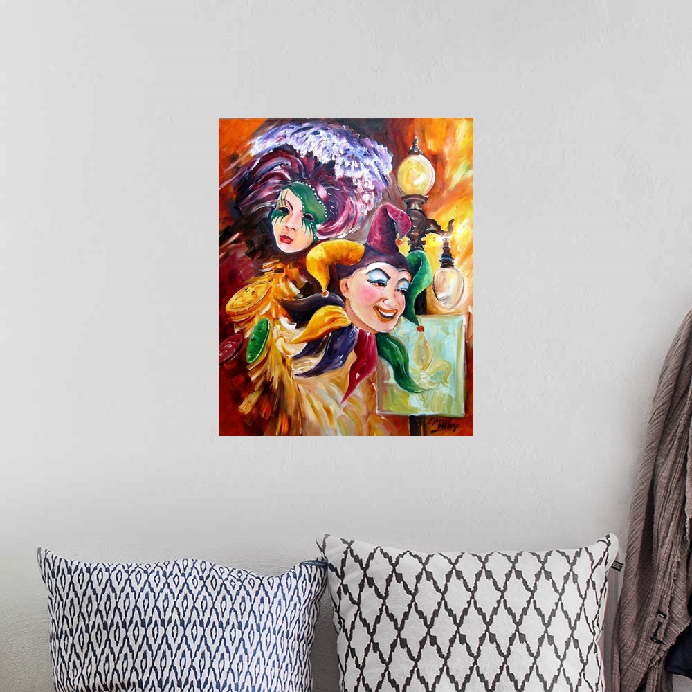 A bohemian room featuring Large painting on canvas of a jester with a mask and big lamp post behind him.