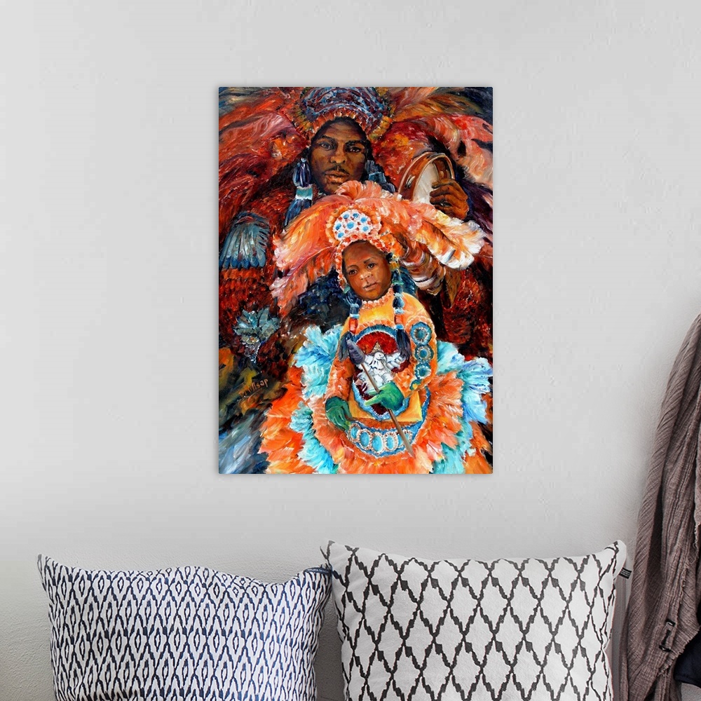 A bohemian room featuring Mardi Gras Indians